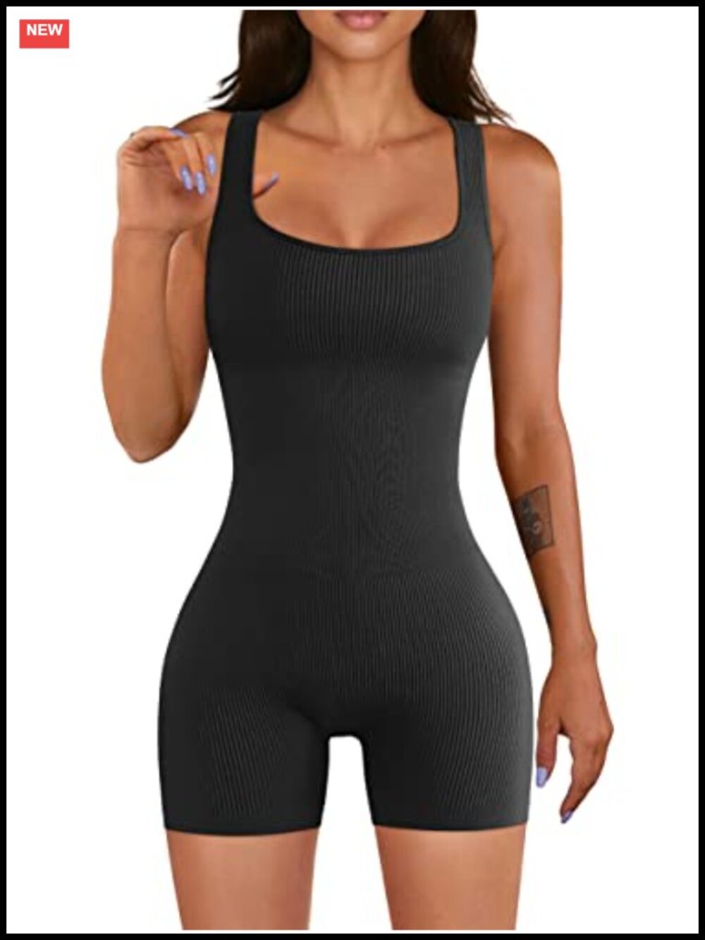 Seamless Ribbed Square Neck Workout Romper Jumpsuit Bodysuit